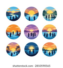 A collection of circular illustrations depicting groups of people standing near bodies of water during sunset, with varying landscapes.