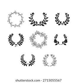 Collection of circular laurel wreath, Emblem floral Greek branch of oak leaves