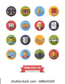 Collection of circular law and criminal justice icons. Flat design long shadow round symbols.