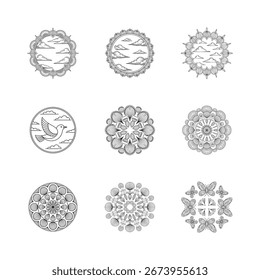 Colección de diseños circulares de mandala con nubes, un pájaro y mariposas en líneas de arte en blanco y negro.