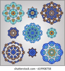 Collection of circular ornaments and mandalas. Set for design, logos, wedding, kaleidoscope, medallion. Vector illustration.