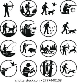 Collection of circular pictograms illustrating various hunting hazards and outdoor activity perils. Useful for safety warnings and adventure guides.