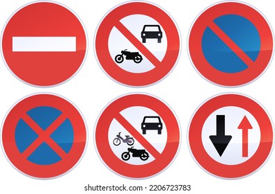 Collection of circular red, black and white road prohibition signs with the prohibition to stop, to park, the prohibition to motorized vehicles as well as a prohibited direction and non-priority traff