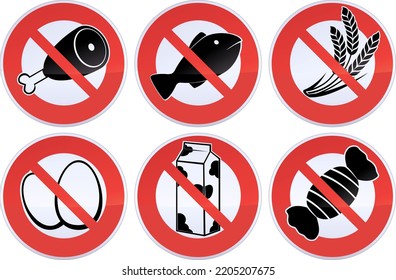 Collection of circular red and white prohibition signs with the crossed out symbol of a food prohibition such as meat, fish, cereals, eggs, milk or sweets (metal reflection)