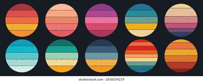 Collection of circular sunset and sunrise badges in trendy retro 70s style. Vector illustration.