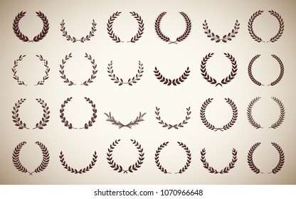 Collection circular vintage laurel wreaths. Can be used as design elements in heraldry on an award certificate manuscript and to symbolise victory illustration in silhouette