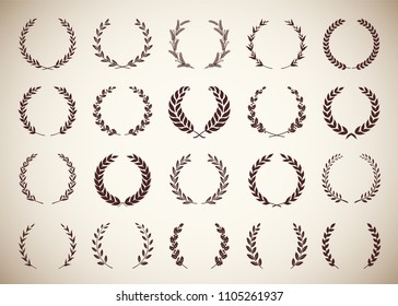 Collection circular vintage laurel wreaths. Can be used as design elements in heraldry on an award certificate manuscript and to symbolise victory illustration in silhouette