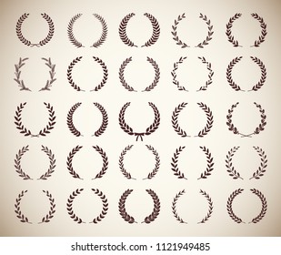 Collection circular vintage laurel wreaths. Can be used as design elements in heraldry on an award certificate manuscript and to symbolise victory illustration in silhouette