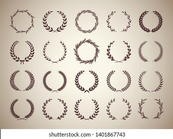 Collection of circular vintage laurel wreaths. Can be used as design elements in heraldry on an award certificate, manuscript and to symbolise victory illustration in silhouette