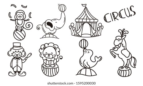 A collection of circus doodles on a white background