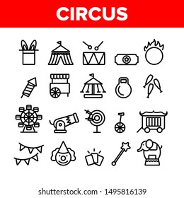 Collection Circus Show Elements Vector Icons Set Thin Line. Character Clown And Circus Equipments, Attraction And Elephant Concept Linear Pictograms. Monochrome Contour Illustrations