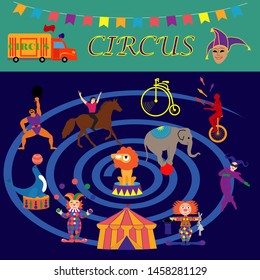 Collection of circus tent and funny show performers - clown, strongman, acrobats, trained animals, juggling unicyclist. Colorful vector illustration in flat cartoon style.