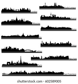 Collection of cities skyline in vector format./Collection of cities silhouette vector.