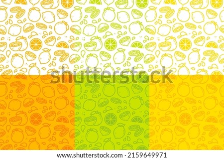 Collection of citrus fruits seamless pattern for package, kitchen design, fabric and textile. Lime, lemon, orange print in outline style