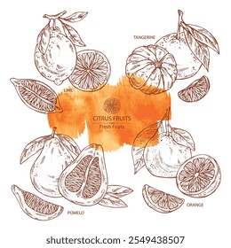 Collection of citrus fruitst:  kaffir lime, lemon, grapefruit and kumquat. Vector hand drawn illustration.