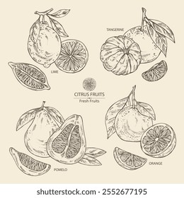 Collection of citrus fruitst:  kaffir lime, lemon, grapefruit and kumquat. Vector hand drawn illustration.