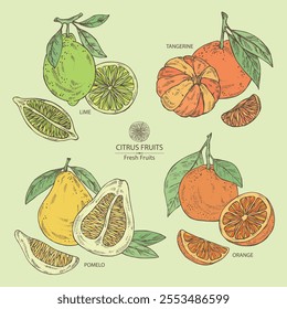 Collection of citrus fruitst:  kaffir lime, lemon, grapefruit and kumquat. Vector hand drawn illustration.