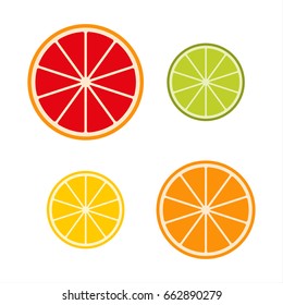 Collection of citrus slices â?? grapefruit, lime, lemon and orange, fruit icon set, vector illustration