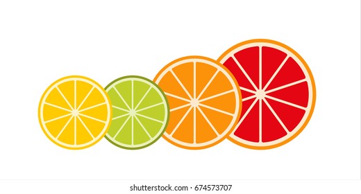 Collection of citrus slices â?? grapefruit, lime, lemon and orange, fruit icon set, vector illustration