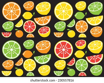 Collection of citrus slices - orange, lemon, lime and grapefruit, icons set, colorful isolated on black background, vector illustration.