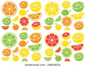 Collection of citrus slices - orange, lemon, lime and grapefruit, icons set, colorful isolated on white background, vector illustration.