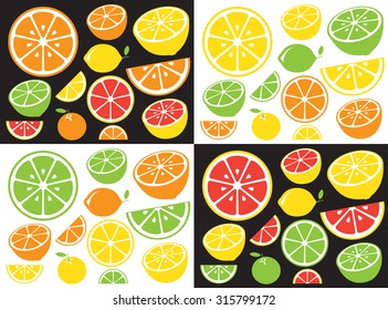 Collection of citrus slices - orange, lemon, lime and grapefruit, icons set, vector illustration.