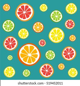 Collection of citrus slices - orange, lemon, lime and grapefruit, icons set, colorful isolated on white background, vector illustration