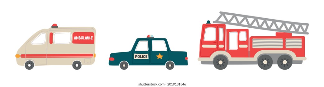 Collection of city cars. Cute funny transport. Vector illustration in flat cartoon style. Ambulance car, police, fire truck for design of kids clothes, bed linen, textiles, postcards, kids room.