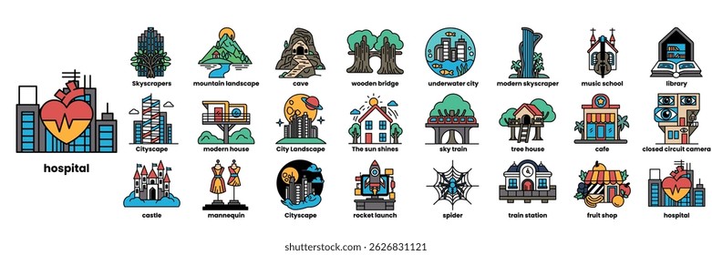A collection of city icons including a heart, a hospital, a church, a school, a train, a house, a tree, a building, a car, a boat, a bridge, a hospital, a tree, a building, a house