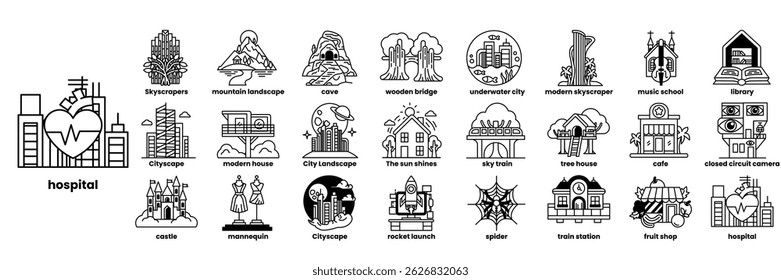 A collection of city icons including a heart, a hospital, a church, a school, a train, a house, a tree