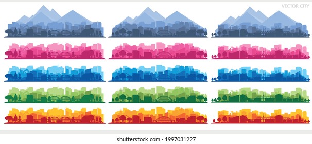 Collection of city landscapes on a light background. City landscape in different colors.	