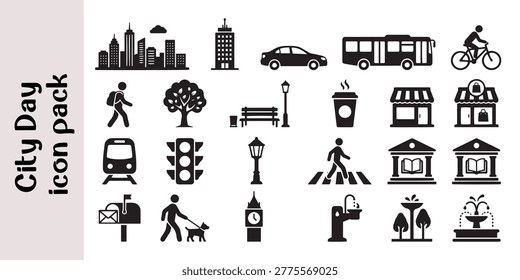 Collection of city life flat vector icons featuring skyscrapers residential buildings and public transport. Includes pedestrian activities like walking dog and cycling. Set covers urban infrastructure elements like traffic lights benches fountains street lamps and various community buildings.