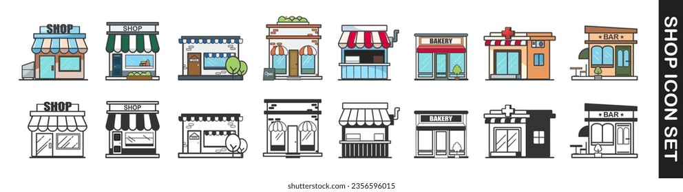 Collection of city objects. Store building set. Store and building icon set. Vector illustration