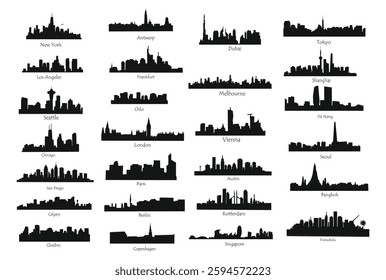 A collection of city silhouettes, modern urban skylines of most popular travel destinations. Black vector flat hand drawn illustrations isolated on white background