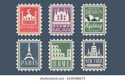 Colección de sellos urbanos de diferentes países con monumentos arquitectónicos, Estambul, Milán, Sydney, París, Roma, Nueva York Ilustración vectorial