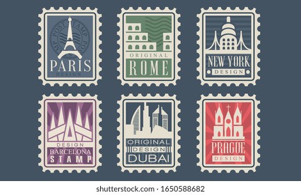 Collection of City Stamps from Different Countries with Architectural Landmarks, Paris, Rome, New York, Barcelona, Dubai, Prague Vector Illustration