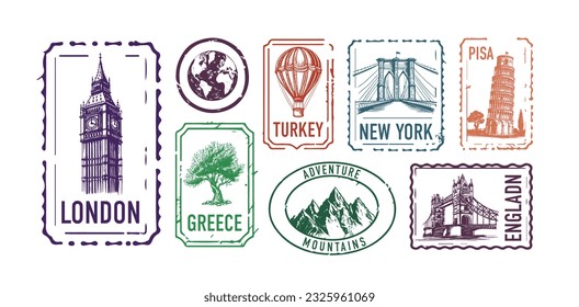 Collection of city stamps, London, Turkey, Greece, New York, Pisa, Mountains