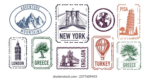 Collection of city stamps, London, Turkey, Greece, New York, Pisa, Mountains