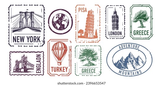 Collection of city stamps, London, Turkey, Greece, New York, Pisa, Mountains