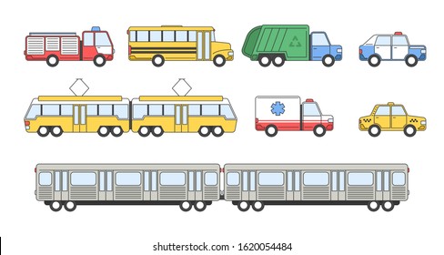 Collection of city transport. Set of vector vehicles: Fire truck, School bus, Garbage truck, Police car, Tram, Ambulance, Taxi and Subway train. Side view flat style illustration isolaed on white