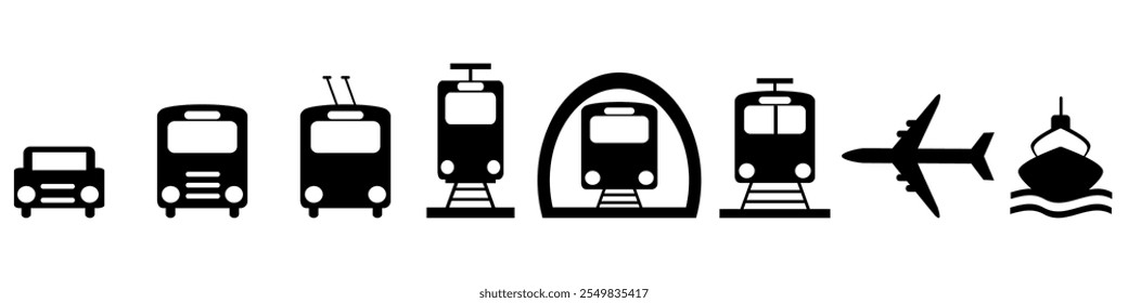 
Collection of city transportation icons car, bus, tram, train, metro, airplane, ship .eps
