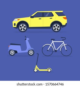 A collection of city vehicles: car, motorbike, electric scooter, bicycle