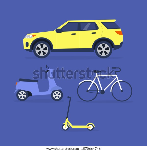 A collection of city vehicles: car, motorbike,\
electric scooter, bicycle