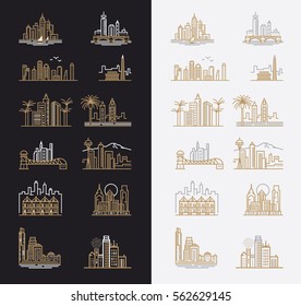 Collection of cityscape real estate thin line icons, logos or illustrations in luxurious style with skyscrapers, buildings and towers