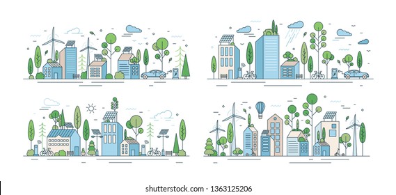 Collection of cityscapes or urban landscapes with eco city using ecologically friendly technologies - wind power, solar energy, electric transport. Modern vector illustration in line art style.