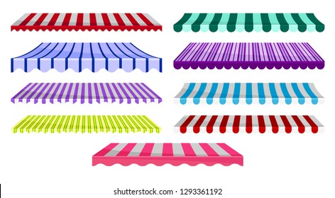 Collection of classic canopy awnings, striped sunblinds, design element for cafe, shop, restaurant vector Illustration