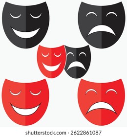 Coleção de comédia clássica e máscaras de teatro de tragédia em vermelho e preto. Ícones simbólicos de drama, atuação, emoção e performance. Ideal para palco, arte ou projetos de design cultural.