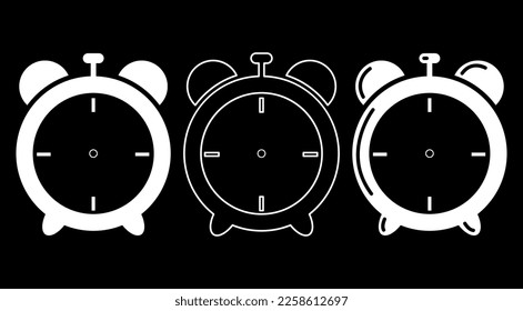 A collection of classic cool and simple alarm clock logos or icons, white on a black background, suitable for time-themed graphic designs