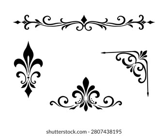Collection of classic decorative elements including a fleur de lis, page divider, and scroll corners.