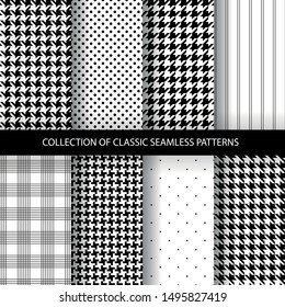 Collection of classic fashion houndstooth seamless geometric patterns. Variations of pied de poule print